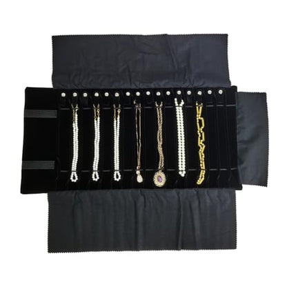 Portable Jewelry Roll Untangled Secure Necklace Travel Storage Bag Displays Holder 16 Chain (Gray PU and Black Velvet) - color: Gray PU and Black Velvet