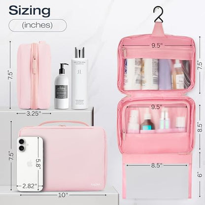 KAZAY Hanging Toiletry Bag with TSA Approved Detachable Pouch, Compact Travel Size Bag, Travel Toiletry Bag, Water Resistant, Premium Nylon, Travel Size Toiletries, Cosmetic Bag Makeup Bag (Pink) - color: Pink