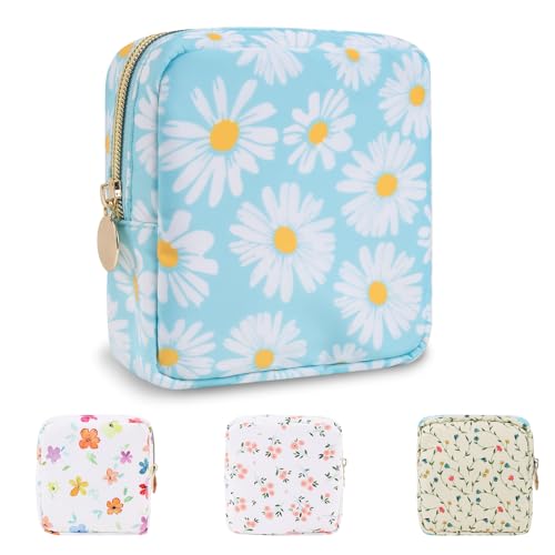 UIXIZQ Waterproof Mini Floral Makeup Bag Pouch for Purse,Nylon Flower Cosmetic Travel Bag Small Preppy Toiletry Organizers Bag for Women Girl,Cute Zipper Pouch Coin Purse for Work(Mini Blue-Daisy) - color: Blue-Daisy, size: Mini