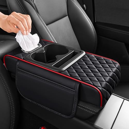 5 in 1 Car Center Console Cover, Armrest Pad with 2 Storage Pockets, Cup Holder, Tissue Slot, Phone Holder, Nappa Leather Memory Foam Car Accessories for SUV Sedan Truck (Black Red Stitch) - color: Black with Red Stitching