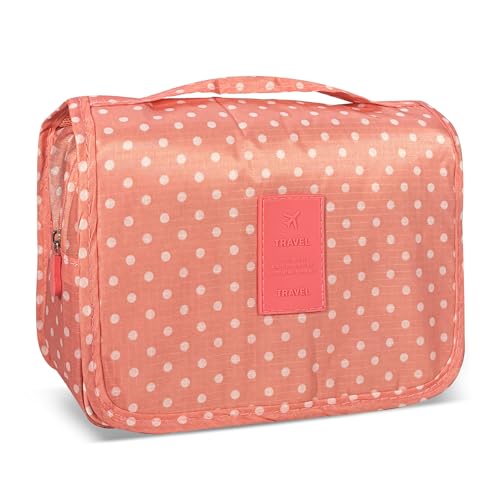 Portable Hanging Toiletry Bag for Travel,Small Multifunctional Makeup Cosmetic Bag for Women,Waterproof Travel Toiletries Organizer,Shower Bathroom Pouch with Hook for Gym,Camping - Pink Dots - color: Pink Dots