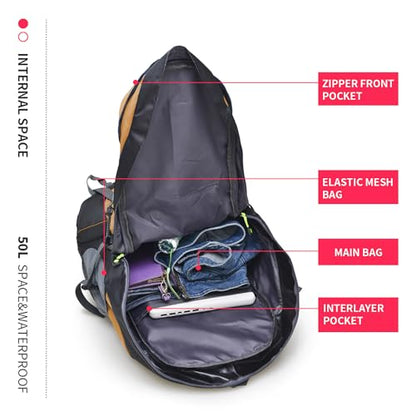 Bseash 50L Hiking Backpack, Water Resistant Lightweight Outdoor Sport Daypack Travel Bag for Camping Climbing Skiing Cycling (Gold - With Shoe Compartment) - color: Gold - With Shoe Compartment