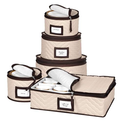 China Storage Containers 5-Piece Set Moving Boxes for Dinnerware, Glasses, Plates, Mugs and Saucers Sturdy Quilted Microfiber Dish Organizer with Dividers for Seasonal Storage - Holds Set of 12 - color: Beige