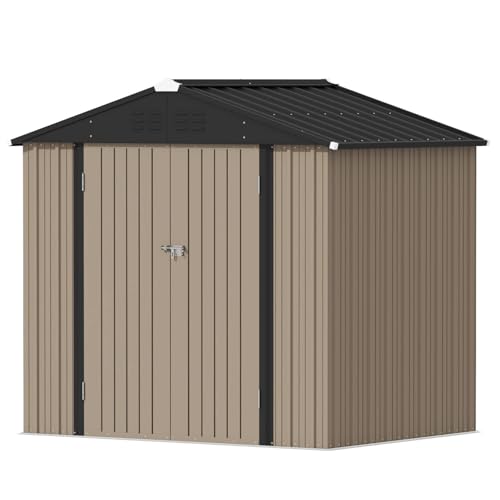 Devoko Outdoor Storage Shed 8 x 6 FT Lockable Metal Garden Shed Steel Anti-Corrosion Storage House with Single Lockable Door for Backyard Outdoor Patio (Brown) - color: Brown, size: 8x6 FT without Floor Frame