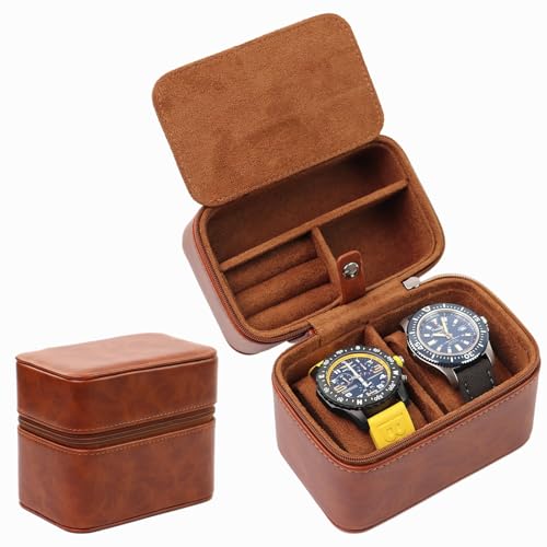 Juntan Hard Watch Travel Case Storage Organizer for Watches and Jewelry, PU Leather Watch Travel Box with Zipper for Ring and Watch Storage for Men Women (Brown) (Brown-2Slots(Zipper)) - color: Brown-2Slots(Zipper)