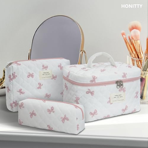 honitty Makeup Bag,Quilted Cosmetic Bag,Large Floral Make Up Bag for Women,Cotton Makeup Bag Set,Flower Travel Toiletry Bag - color: Bow Tie