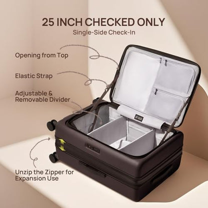 NINETYGO Medium Checked Luggage 25 Inch, Flat Top Opening Check In Luggage with Cup Holder, Expandable, Coffee-Infused PC Hard Shell, Eco-Friendly, TSA Lock, 360° Spinner Wheels (Americano) - color: 01-Dark Chocolate Americano, size: Checked 25-Inch (Top