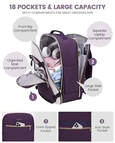 LOVEVOOK 40L Travel Backpack for Women & Men, Airline Approved Carry On Luggage with 3 Packing Cubes, TSA Overnight Bags, Waterproof Personal Item Bag, Weekender Essentials Backpacks fits 17" Laptop - color: Purple-beige-black, size: Large