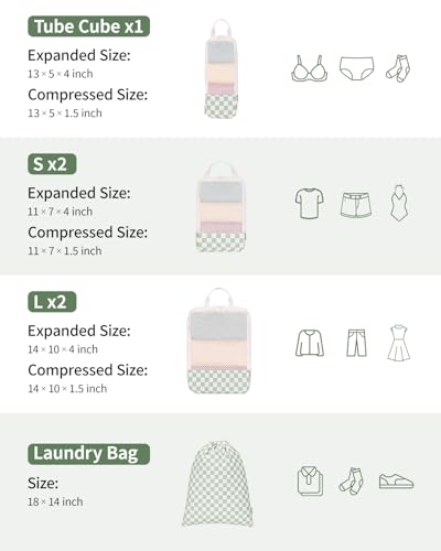Narwey 6 Set Compression Packing Cubes for Travel Women Men, Travel Cubes for Carry On Suitcase, Durable Compression Luggage Organizer Bags - color: Z-Mint Green Checkerboard