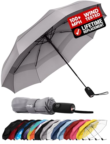 Repel Windproof Travel Umbrella - Compact & Withstands Winds up to 100MPH , Strongest Premium Auto Folding Umbrella for Rain and Sun - Durable, Light & Portable for Women & Men , Fits Backpack & Cars - color: Gray - Travel Umbrella (1 Pack)