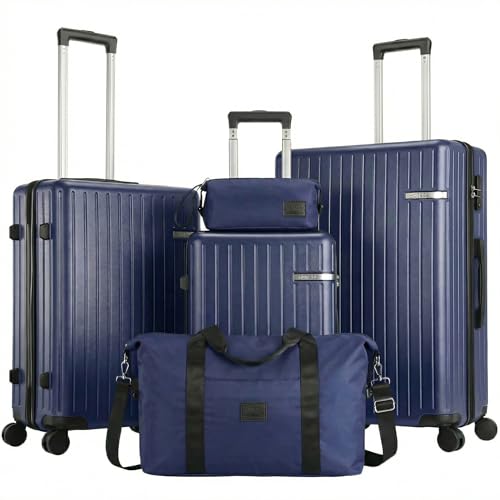Hoteel Luggage Sets 5 Piece (4-YEARS WARRANTY), ABS+PC Suitcases with Wheels and Side Hook, Hardshell 20/24/28 inch Luggage with Duffel Bag Travel Bag, Dark Blue - color: Dark Blue, size: 5 Piece Set (20/24/28/DB/TB)