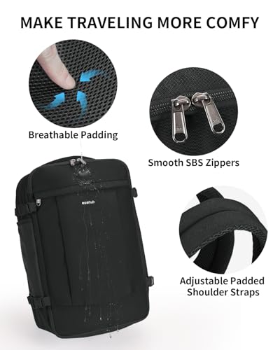 ECOHUB Travel Backpack for Men Women, Carry on Backpack with USB Charging Hole, Spirit Airlines Personal Item Bag Flight Approved, 15.6 Inch Laptop Backpack with Anti Theft Pockets, 30L, Black - color: Black, size: 18 inch underseat
