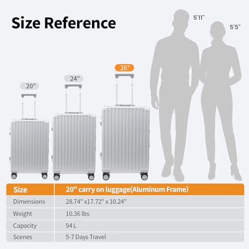 VentureVault 26 Inch Checked Luggage with Spinner Wheels, No Zipper Aluminum Frame Hard Shell Suitcases with TSA Lock, PC+ABS Lightweight Large Suitcase for Travel (Silver) - color: Silvery, size: 26inch