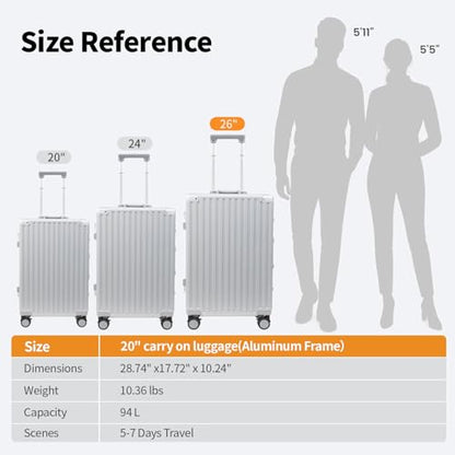 VentureVault 26 Inch Checked Luggage with Spinner Wheels, No Zipper Aluminum Frame Hard Shell Suitcases with TSA Lock, PC+ABS Lightweight Large Suitcase for Travel (Silver) - color: Silvery, size: 26inch