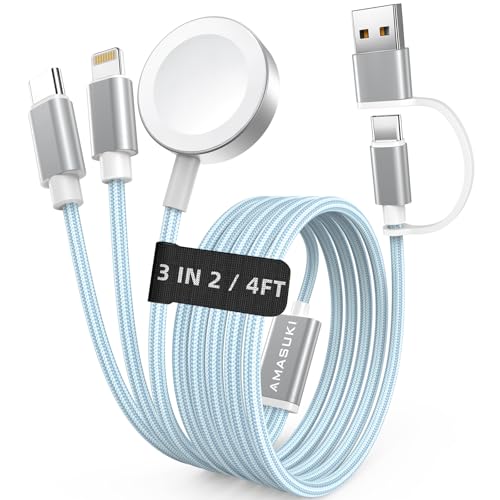 Travel Essentials,3 in 2 USB C Cable for Apple Watch Charger,iPhone Charger,Multi Charging Cable,Cruise Vacation Camping Essentials,Portable for iWatch Series 11-2/Ultra/SE & iPhone 17-12,Car,Blue - color: Blue, size: 1pack-4ft