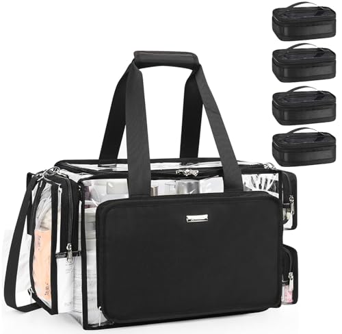 Relavel Clear Makeup Bag with 4 Small Pouches, Extra Large Makeup Artist Kit Set, Cosmetic Storage Organizer Transparent Tote Beach Toiletry Bag with Adjustable Dividers & Shoulder Strap - color: Clear with 4 Small Clear Bags