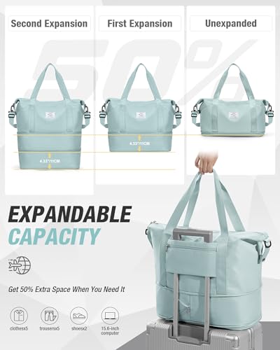 Expandable Travel Duffle Bag for Women Men, Large Gym Bag Travel Tote Bags, Waterproof Carry On Personal Item Bag Airline Approved, Overnight Workout Weekender Bag with Luggage Sleeve, Light Blue - color: C- Light Blue