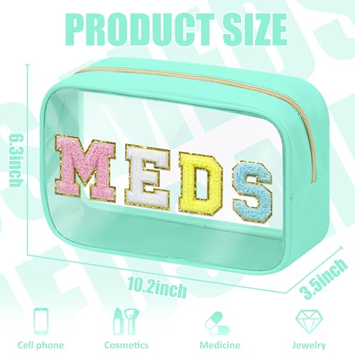 BuyCard Clear Meds Chenille Letter Bag, PVC Makeup Bag, Portable Preppy Patch Makeup Bag with Zipper, Cosmetic Toiletry Travel Storage Medicine Bag for Women Girls, Green - color: MEDS-Green, style: 1 Pcs-clear