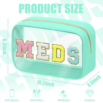 BuyCard Clear Meds Chenille Letter Bag, PVC Makeup Bag, Portable Preppy Patch Makeup Bag with Zipper, Cosmetic Toiletry Travel Storage Medicine Bag for Women Girls, Green - color: MEDS-Green, style: 1 Pcs-clear