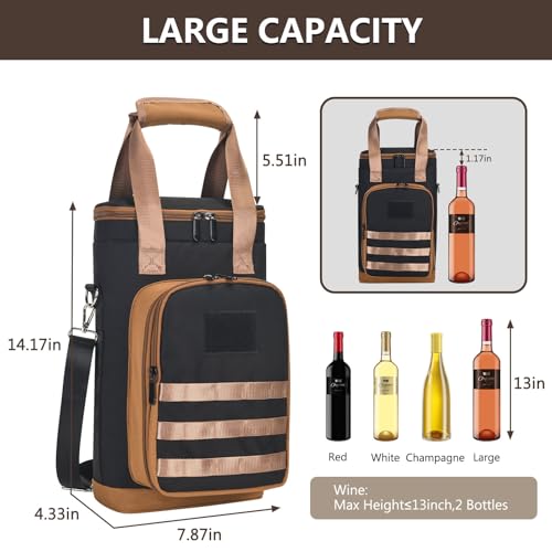 Rexmore Insulated Two Bottle Wine Tote Carrier, Tactical Cooler Bag with Secure Compartment & Adjustable Strap, Holds Glasses & Opener for Picnic, Beach, Travel & Parties - Gift for Wine Lovers