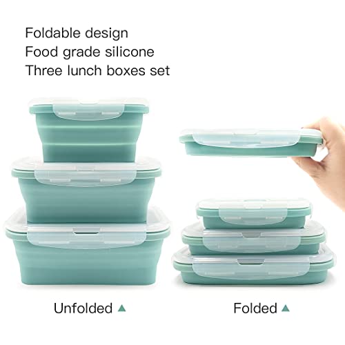 Collapsible Silicone Lunch Bento Box, Portable Food Storage Container Outdoor Picnic Box Space Saving, Microwave, Dishwasher and Freezer Safe, 3 Pcs Set (Blue) - color: Blue