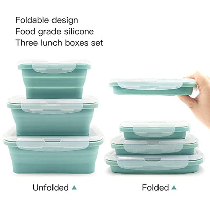 Collapsible Silicone Lunch Bento Box, Portable Food Storage Container Outdoor Picnic Box Space Saving, Microwave, Dishwasher and Freezer Safe, 3 Pcs Set (Blue) - color: Blue