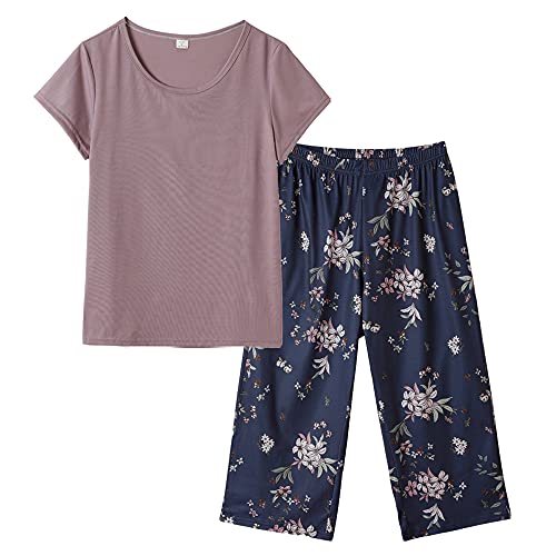HONG HUI Women's Capri Pajama Sets Plus Size Sleepwear Top with Capri Pants 2 Piece Sleep Set - color: Dark Blue, size: 5X-Large