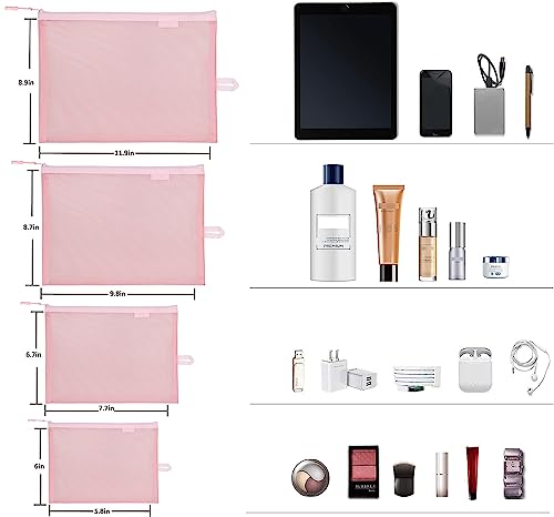 SUPACOOL Set of 4 Travel Mesh Makeup Bag, Cosmetic Organizer Pouches with Zipper, Diaper Organizing Pouches, Nylon Toiletries Bag for Women and Men(4pcs, Pink) - color: Pink