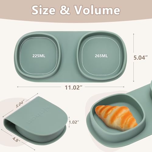 Silicone Foldable Novelty Dinner Plates, Baby Plates Travel Essential with Forks and Spoons, Microwave & Dishwasher Safe, Sage - color: Sage, style: No-Suction
