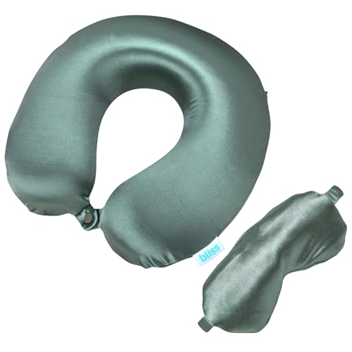 Bliss Neck Pillow Set - Lightweight U-Shaped Memory Foam Satin Travel Neck Pillow with Snap Closure and Matching Eye Mask for Airplane, Car, Office, and Camping, Size One Size, Spiral Sage - color: Spiral Sage