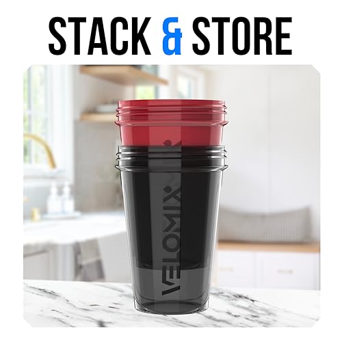 VELOMIX -2 Pack- 20 oz Protein Shaker Bottles for Protein Mixes - 2x Wire Whisk | Leak Proof Shaker Cups for Protein Shakes and Pre Workout | Protein Shaker Bottle Pack (A3) Black/Red - color: A3) Black / Red
