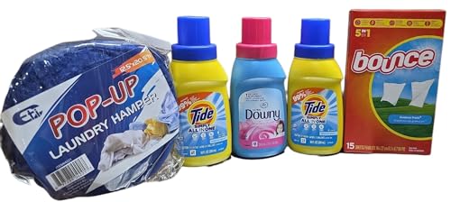 Dorm Room loundry kit, 12 Loads of Laundry Detergent, Fabric Softener, Dryer Sheets & Bonus Hamper