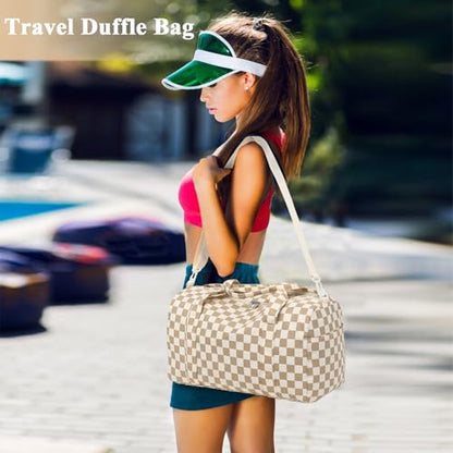 Gym Bag Sports Duffle Bag with Wet Pocket Weekender Overnight Bag with Waterproof Shoe Pouch and Air Hole for Girls Kids Women Travel Workout Bag - color: Brown checkered