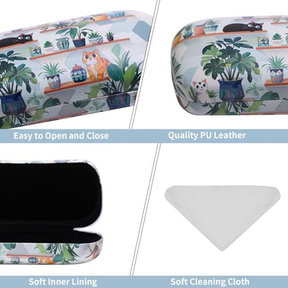 PERFECTSIGHT Sunglasses Case, Large Hard Shell Glasses Case, Cute PU Leather Protective Eyeglasses Case for Women Men - color: Green Plant Cat