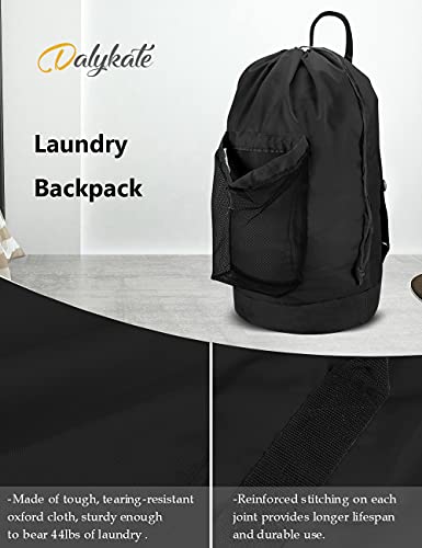 Dalykate Backpack Laundry Bag, Laundry Backpack with Shoulder Straps and Mesh Pocket Durable Nylon Clothes Hamper Bag with Drawstring Closure for College, Travel, Laundromat, Apartment - color: Black