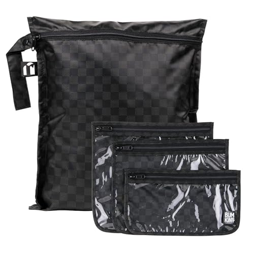 Bumkins and Roamio - Waterproof Wet Bag & Clear Travel Bags - For Beach, Baby, Travel, Swim Suit, Cloth Diapers, Pump Parts, Pool, Gym, Toiletries - Reusable & Easy to Clean - Black Check - 4 Pack - color: A5 Black Check