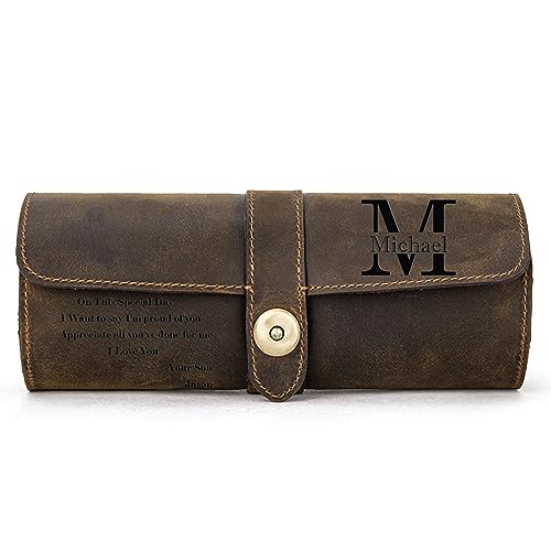 Personalized Custom Name Watch Case Roll Organizer, Luxury Genuine Leather Travel 3-Watches Case For Watch/Bracelet (06 Coffee) - color: 06 Coffee