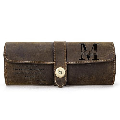 Personalized Custom Name Watch Case Roll Organizer, Luxury Genuine Leather Travel 3-Watches Case For Watch/Bracelet (06 Coffee) - color: 06 Coffee
