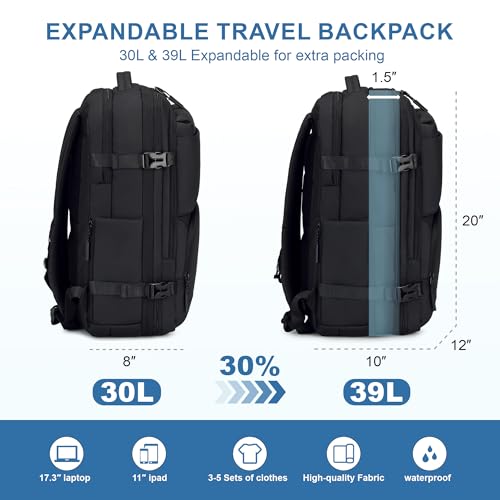 BAGOK Carry On Travel Backpack, 35L-40L Expandable Extra Large Airline Approved,Lightweight Daypack for Men and Women（Black） - color: Black, size: Large