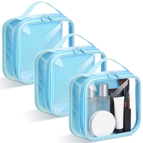 Abbylike 3 Pcs Small Toiletry Bags Reusable Quart Size Travel Liquid Pouch Single-sided Clear PVC Carry-on Organizer with Handle Cosmetic Bags for Airport Security Women Men(Light Blue) - color: Light Blue
