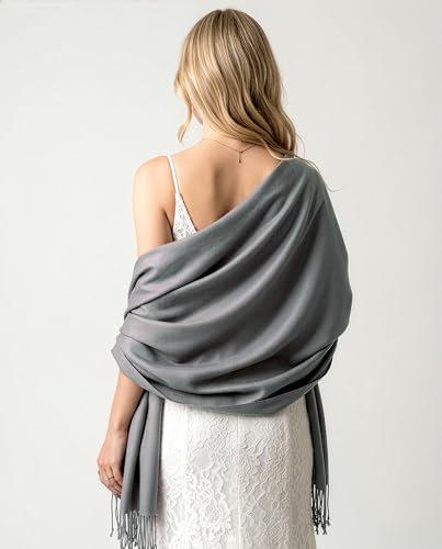 Achillea Lightweight Pashmina Scarf for Women – Soft Silky Shawl Wrap for Evening Dresses, Bridesmaids & Everyday Wear - color: Grey