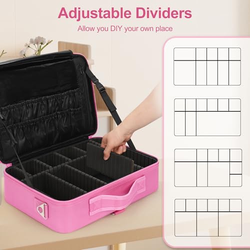 Relavel Makeup Case Large Makeup Bag Professional Train Case Travel Cosmetic Organizer Brush Holder Waterproof Makeup Artist Storage Box, 3 Layer Large Capacity, with Adjustable Strap, Rose Pink - color: Rose Pink, size: Large