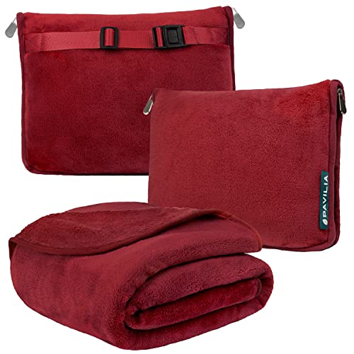 PAVILIA Travel Blanket Pillow, Soft Airplane Blanket 2-in-1 Combo Set, Plane Blanket Compact Packable, Flight Essentials Car Pillow, Travelers Gifts Accessories, Luggage Backpack Strap, 60x43 Red - color: Wine