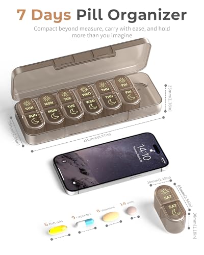 Pillex Weekly Pill Organizer 2 Times a Day, 7-Day AM PM Pill Box, Travel Pill Case, Medicine Pill Organizer for Fish Oils, Vitamins & Supplements - color: Brown