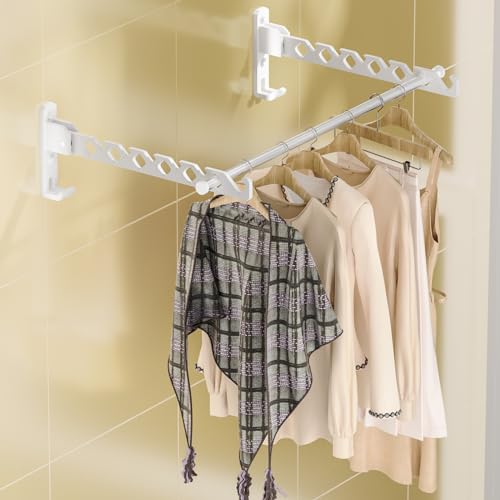 Dr.DJ Wall Mount Coat Hanger Holder White Clothes Drying Organizer Rack Garment Hooks Aluminium Retractable Folding Indoor Wall Mounted Hanger for Laundry Room Bedroom White 2Pack with 80cm Rod - color: White 2Racks+Rod