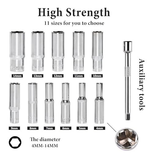 Egofine 13PCS 1/4" Drive Deep Socket Set,Metric(4-14MM),6-Point, Cr-V Steel - size: 1/4, style: 13PC Deep Socket Set