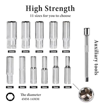 Egofine 13PCS 1/4" Drive Deep Socket Set,Metric(4-14MM),6-Point, Cr-V Steel - size: 1/4, style: 13PC Deep Socket Set