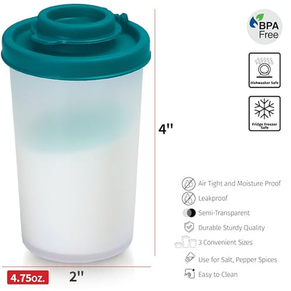 SIGNORAWARE Salt and Pepper Shakers Moisture Proof Set of 2 Large Salt Shaker to go Camping Picnic Outdoors Kitchen Lunch Boxes Travel Spice Set Clear with Teal Covers Lids Plastic Airtight Dispenser - color: Teal