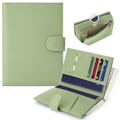 Genuine Leather Passport Holder for Women Men, Hidden Airtag Pocket, RFID Blocking, Zippered Coins Pocket & Cash Compartment Travel Gifts Essentials Passport Cover Case - Light Green - color: Light Green