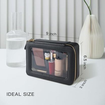 Aveniee Clear Makeup Bag Organizer, Portable Travel Toiletry Cosmetic Bag Case for Women, Heavy Duty Clear Pouch with zipper with Transparent Vinyl Windows & Gold Zippers(Black) - color: Black, style: Classic